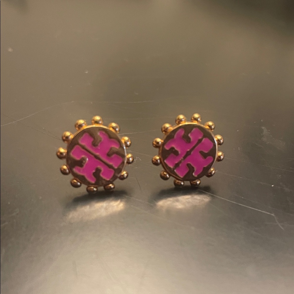 Tory Burch Gold and Pink Stud Earrings